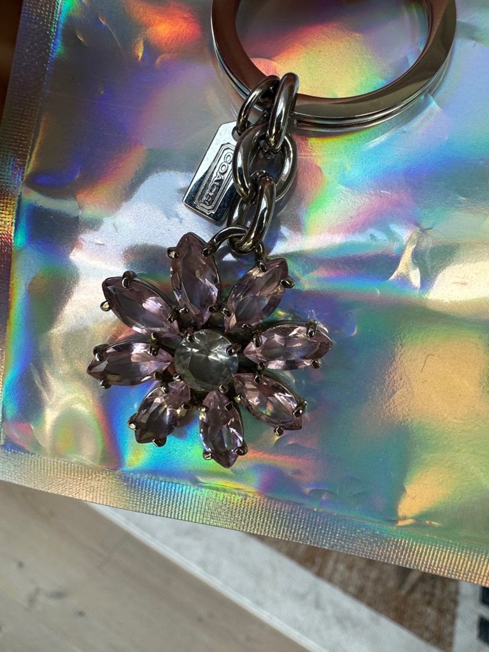 Coach Purple Crystal Flower Keychain with Silver Hardware - Picture 2 of 5